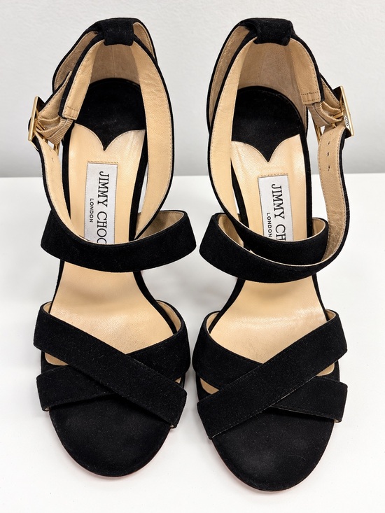 Jimmy Choo Shoes - Jimmy Choo Black Suede Strappy High Heels with Gold Buckle
